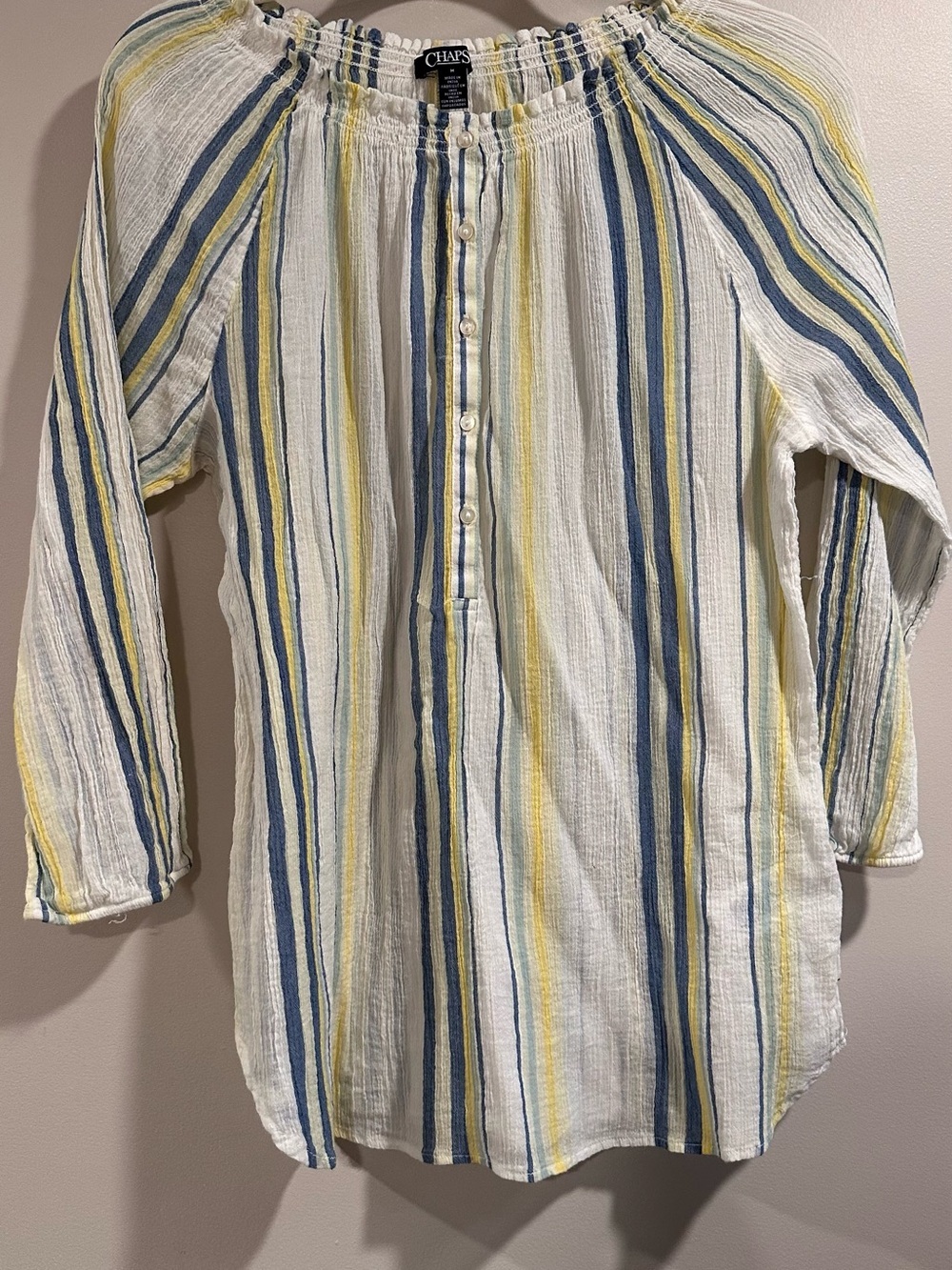 Chaps Women's Blue & Yellow Striped Lulu Peasant Stretchy Blouse Top Size Medium - Picture 5 of 15